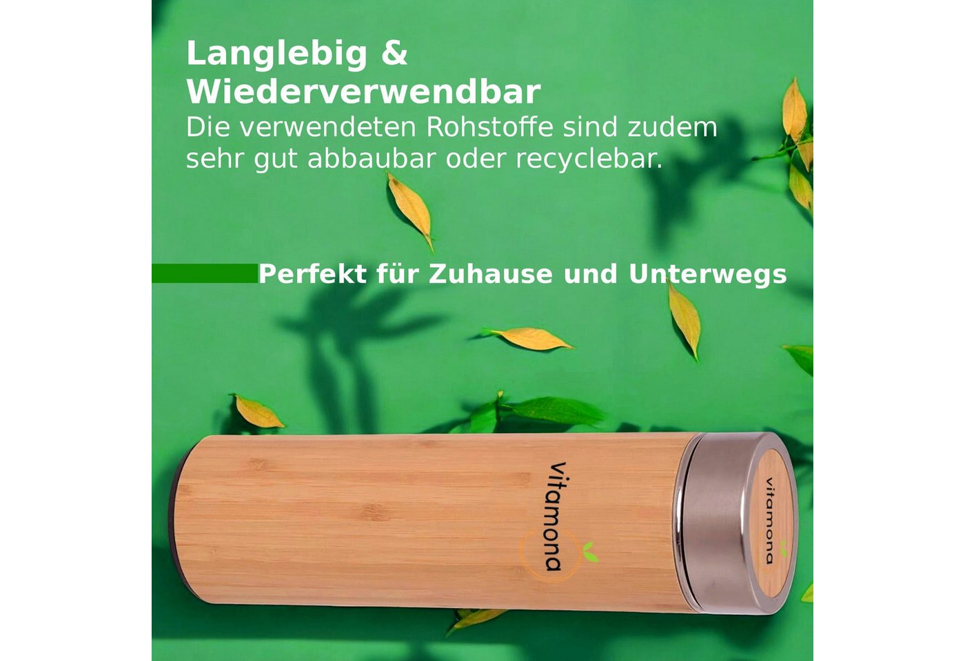 Vitamona Thermoflasche Bambus Thermoflasche 500ml Teebereiter ökologisch, Edelstahl und Bambus Bild 5
