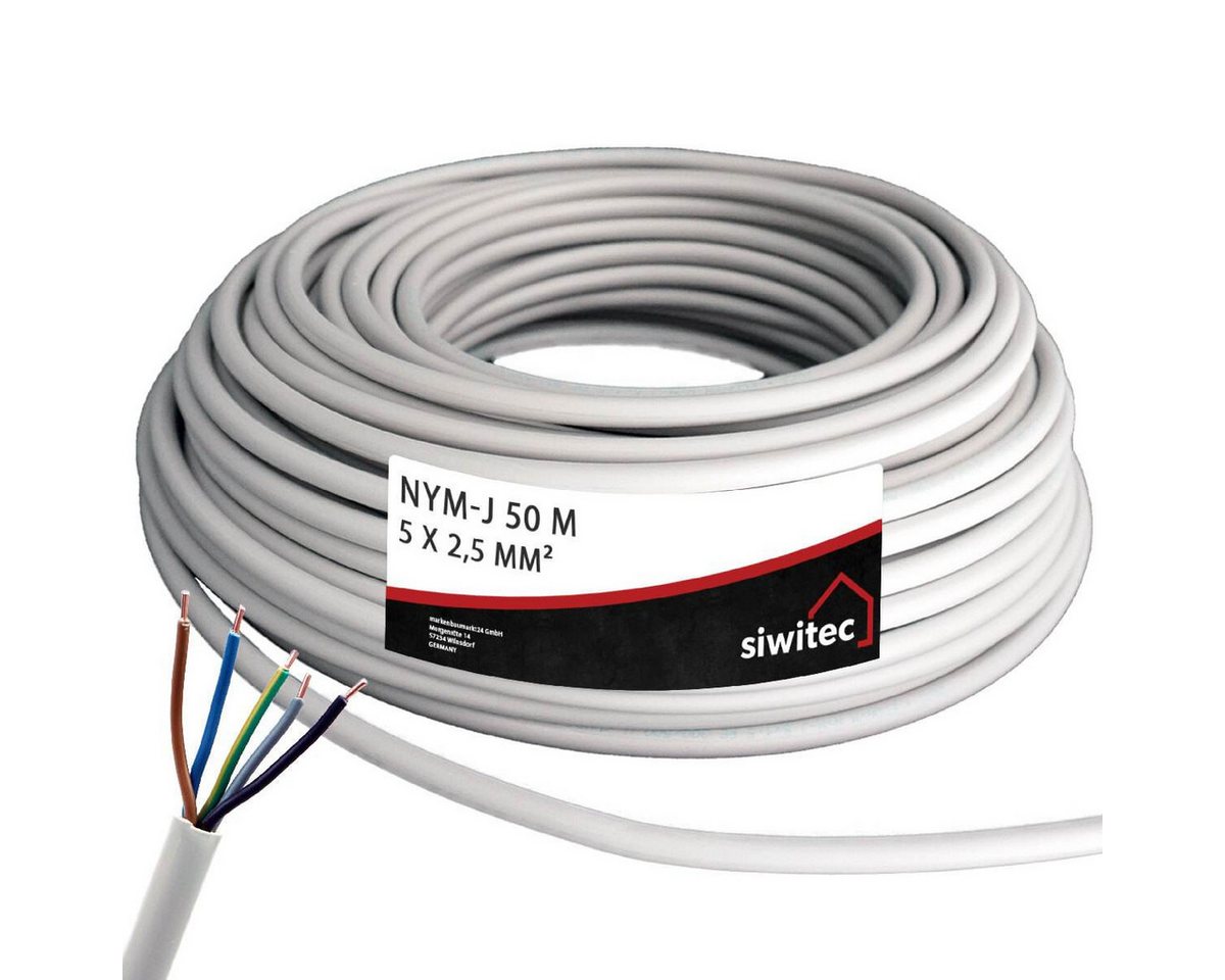 siwitec Kabel, J 5 x 2,5 mm2, 50 m Kabelring, Installationskabel, Mantelleitun Stromkabel, NYY-Kabel, (5000 cm)