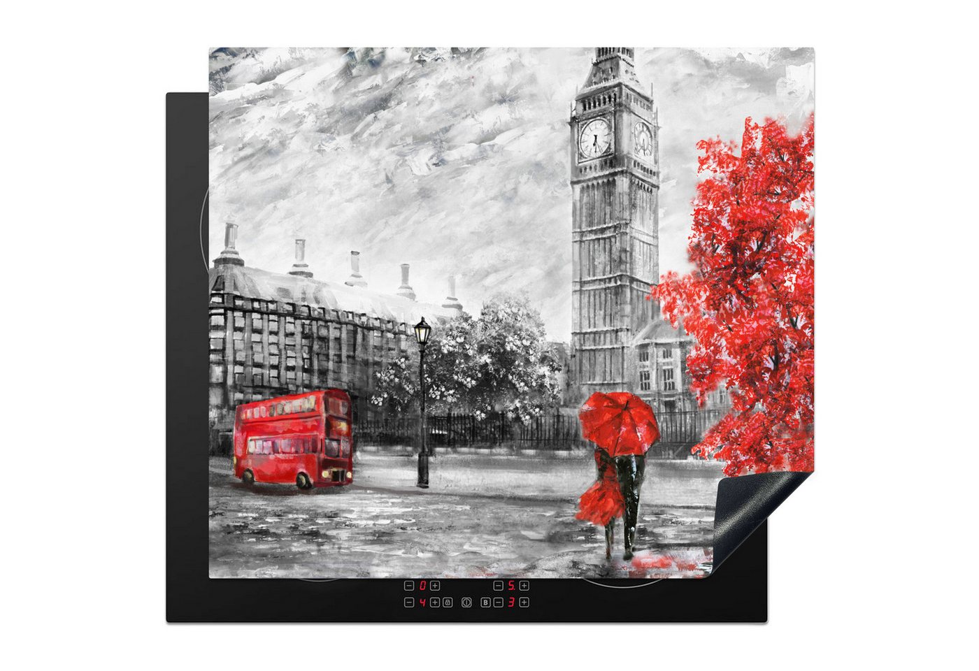 MuchoWow Herd-Abdeckplatte Rot - London - Stadt - Schwarz und weiß, Vinyl, (1 tlg), Ceranfeldabdeckung Küche, Herdabdeckplatte Einteilig, 60x52 cm Bild 2