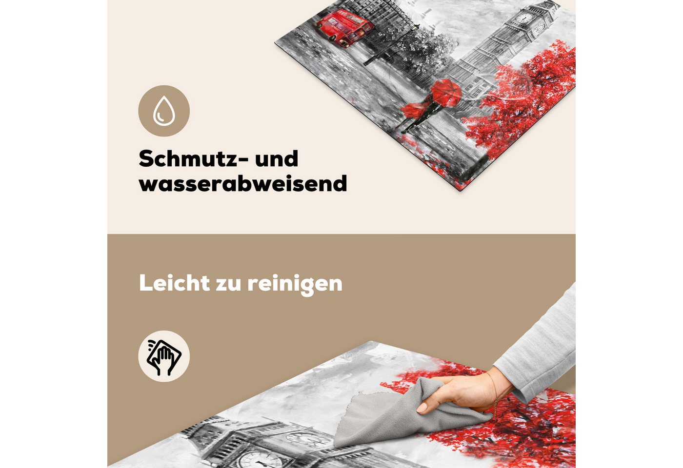 MuchoWow Herd-Abdeckplatte Rot - London - Stadt - Schwarz und weiß, Vinyl, (1 tlg), Ceranfeldabdeckung Küche, Herdabdeckplatte Einteilig, 60x52 cm Bild 3