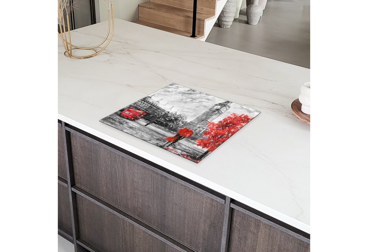 MuchoWow Herd-Abdeckplatte Rot - London - Stadt - Schwarz und weiß, Vinyl, (1 tlg), Ceranfeldabdeckung Küche, Herdabdeckplatte Einteilig, 60x52 cm Bild 4