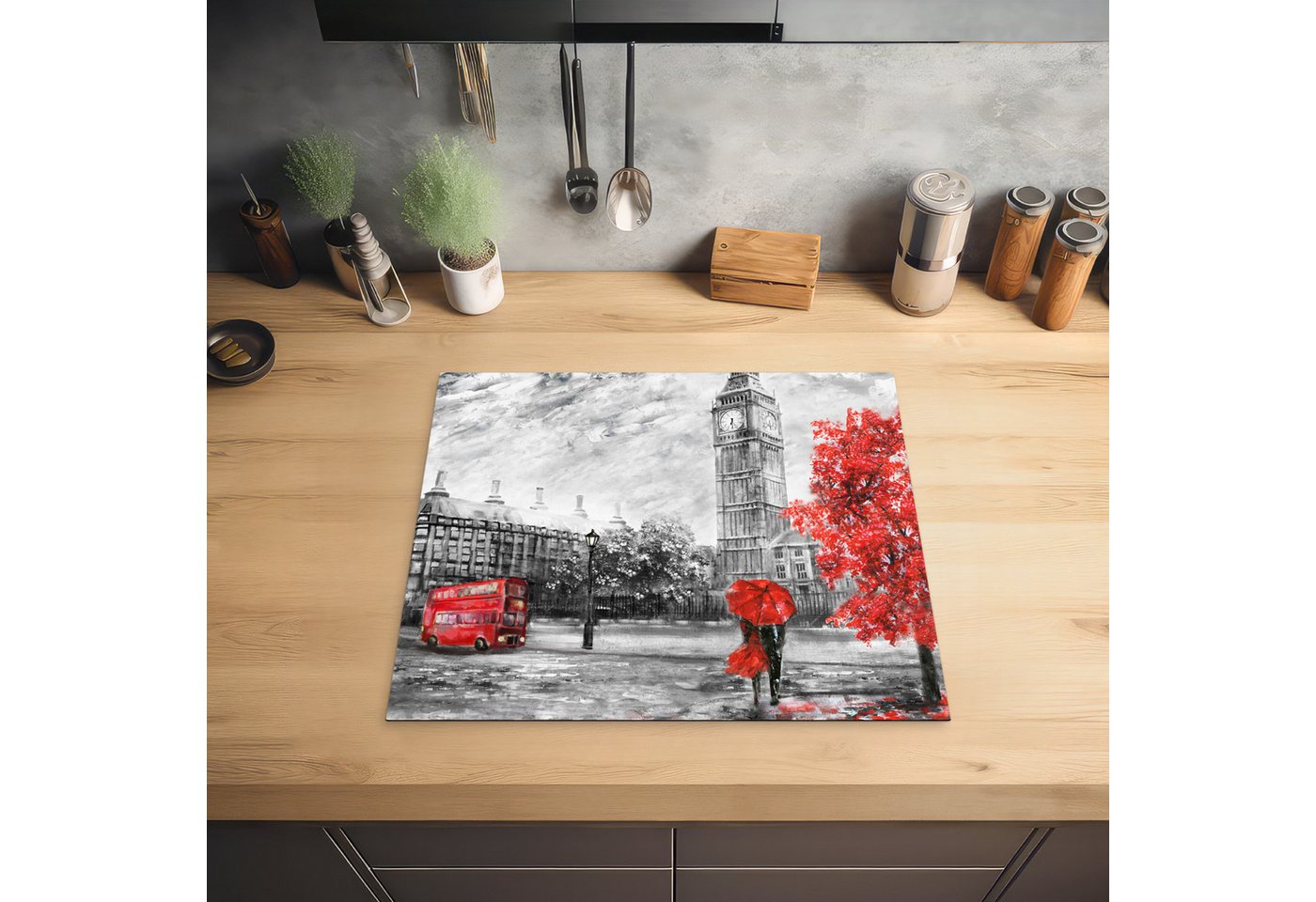 MuchoWow Herd-Abdeckplatte Rot - London - Stadt - Schwarz und weiß, Vinyl, (1 tlg), Ceranfeldabdeckung Küche, Herdabdeckplatte Einteilig, 60x52 cm Bild 5