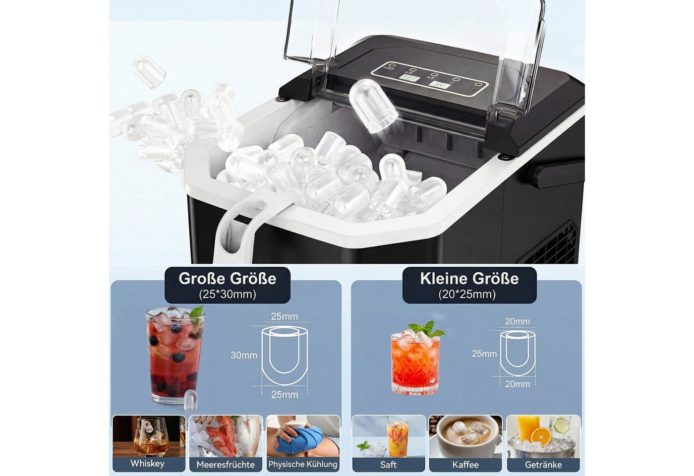 loefme Eiswürfelmaschine 9 Eiswürfel in 6-13 Mins, 1,2L Wassertank, Kompakter Eiswürfelbereiter, 2 Größen, Selbstreinigung & LED-Anzeige