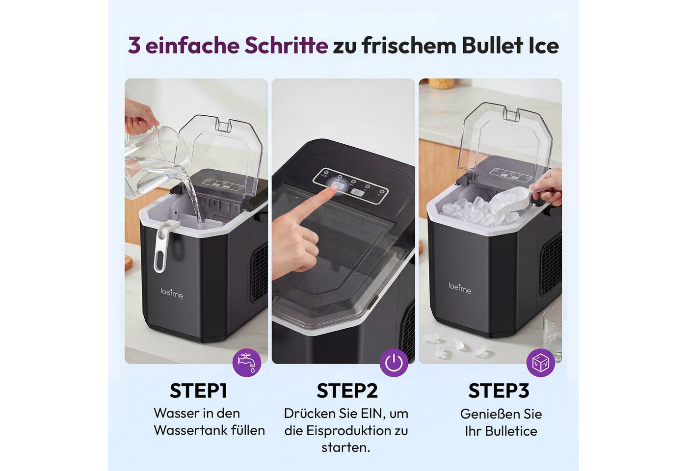 loefme Eiswürfelmaschine 9 Eiswürfel in 6-13 Mins, 1,2L Wassertank, Kompakter Eiswürfelbereiter, 2 Größen, Selbstreinigung & LED-Anzeige Bild 3