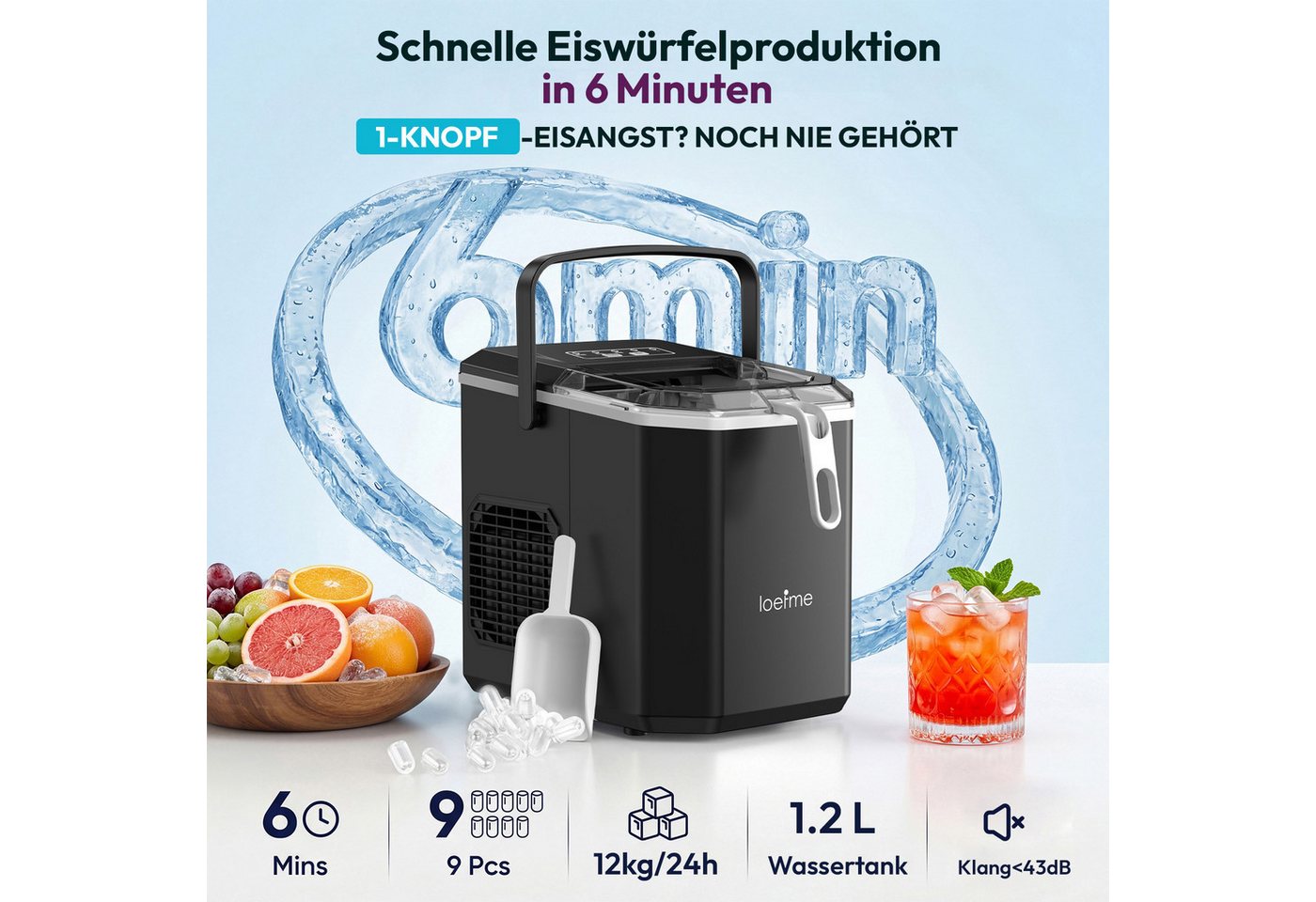 loefme Eiswürfelmaschine 9 Eiswürfel in 6-13 Mins, 1,2L Wassertank, Kompakter Eiswürfelbereiter, 2 Größen, Selbstreinigung & LED-Anzeige Bild 4