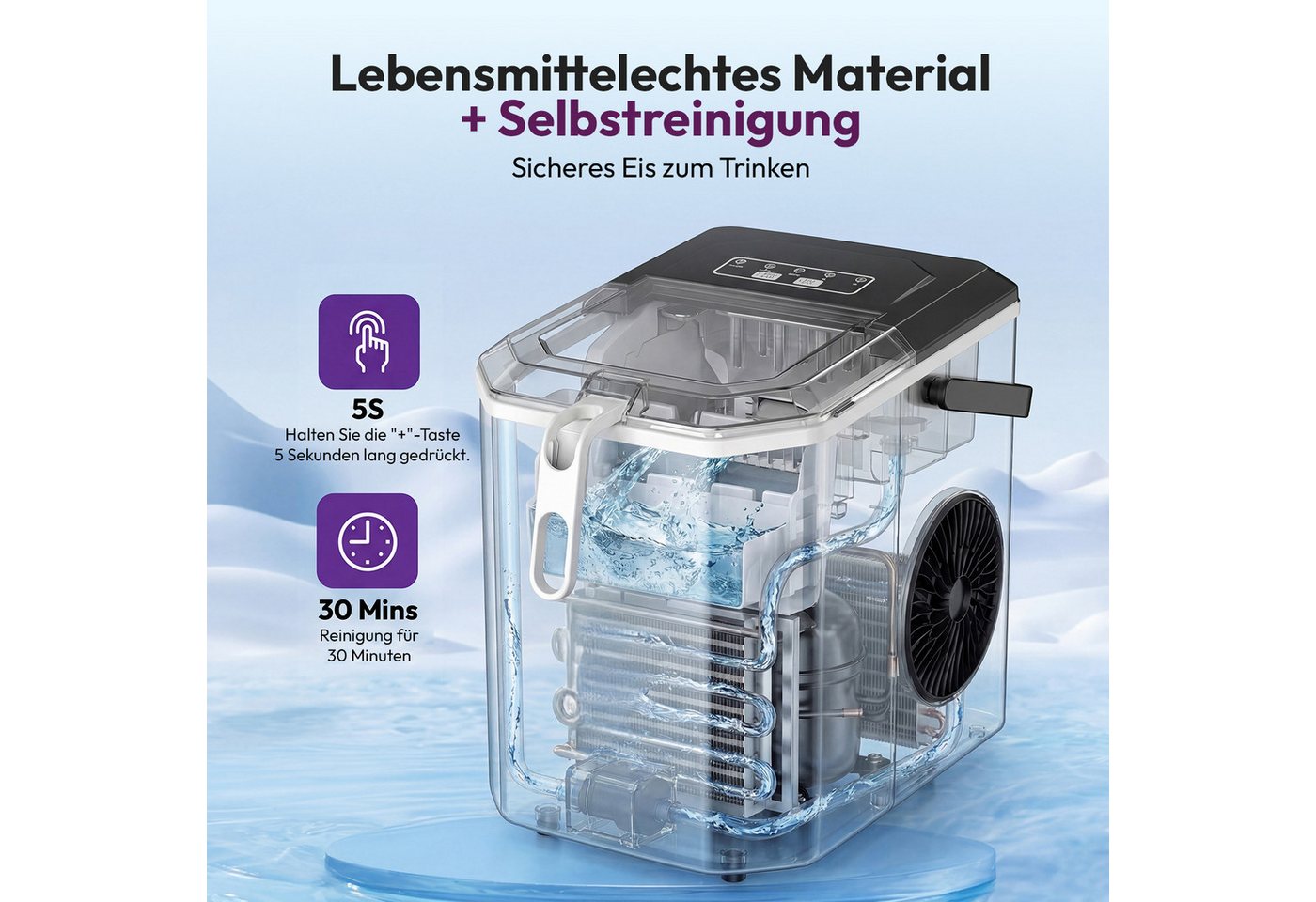 loefme Eiswürfelmaschine 9 Eiswürfel in 6-13 Mins, 1,2L Wassertank, Kompakter Eiswürfelbereiter, 2 Größen, Selbstreinigung & LED-Anzeige Bild 5
