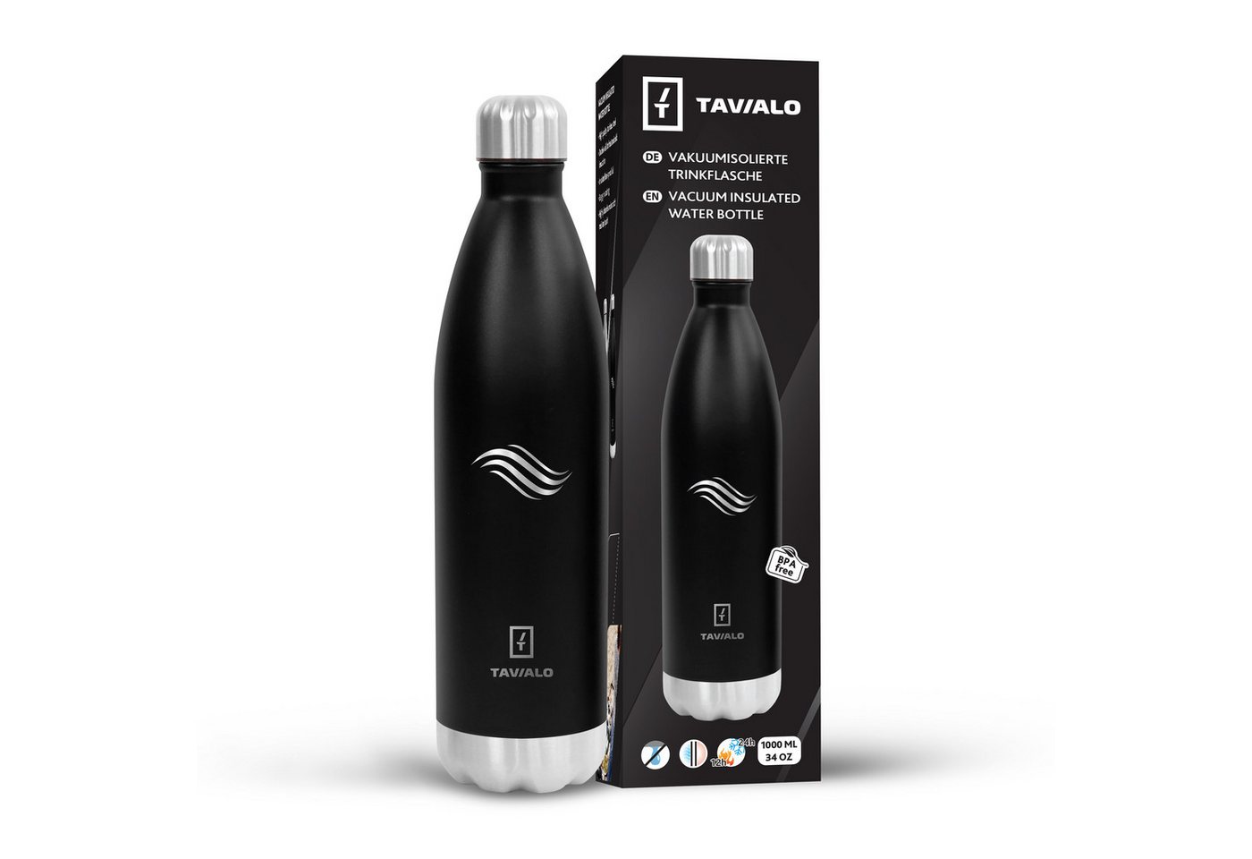 TAVIALO Isolierflasche Vakuum Isolierte Trinkflasche, Thermosflasche 1000ml (schwarz), für Reisen, Sport und Outdoor Aktivitäten, Auslaufsicher Bild 3
