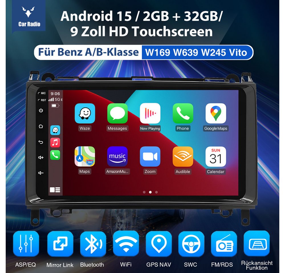 ESSGOO Android 15 Für Mercedes-Benz A/B Klasse/Vito W169 W639 W245 W906 Autoradio (RDS, BT, Digitalradio (DAB), FM, SWC, 2 DIN Carplay Bluetooth Navigationsgeräte Rückfahrkamera(optional) Bild 3