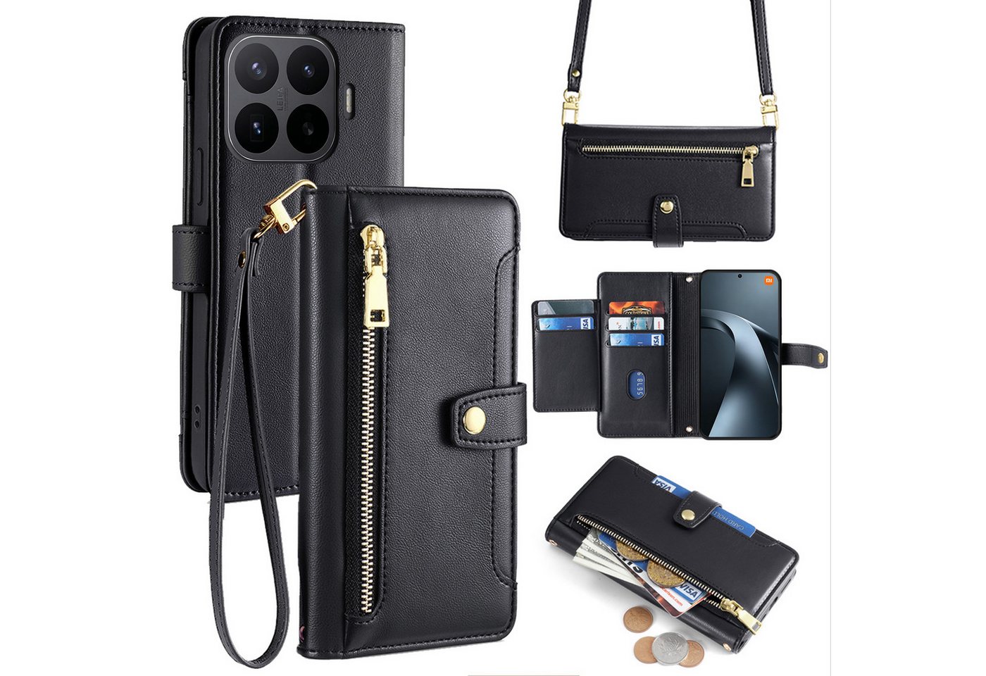 betterfon Handykette mit Portemonnaie für Xiaomi 17T Pro -Handykette 5 Kartenfächer Schwarz, 5 Kartenfächer + verstellbare Kette & Standfunktion mit TPU-Schutz