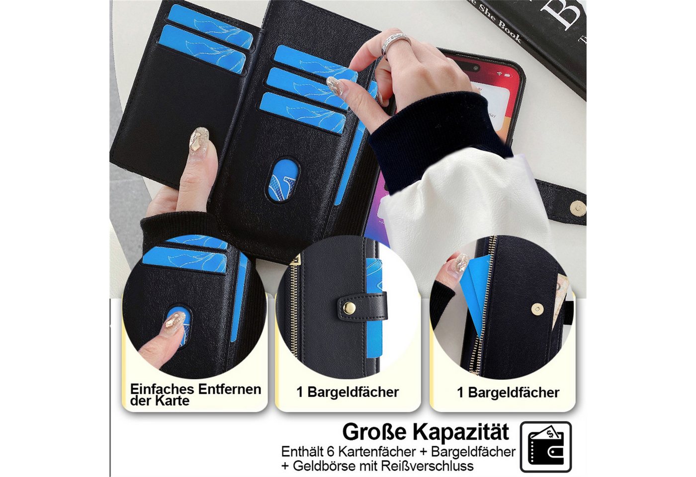 betterfon Handykette mit Portemonnaie für Xiaomi 17T Pro -Handykette 5 Kartenfächer Schwarz, 5 Kartenfächer + verstellbare Kette & Standfunktion mit TPU-Schutz Bild 4