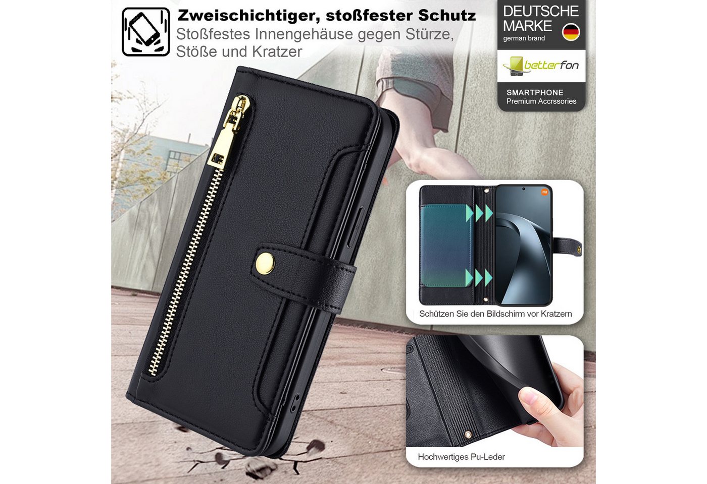 betterfon Handykette mit Portemonnaie für Xiaomi 17T Pro -Handykette 5 Kartenfächer Schwarz, 5 Kartenfächer + verstellbare Kette & Standfunktion mit TPU-Schutz Bild 5