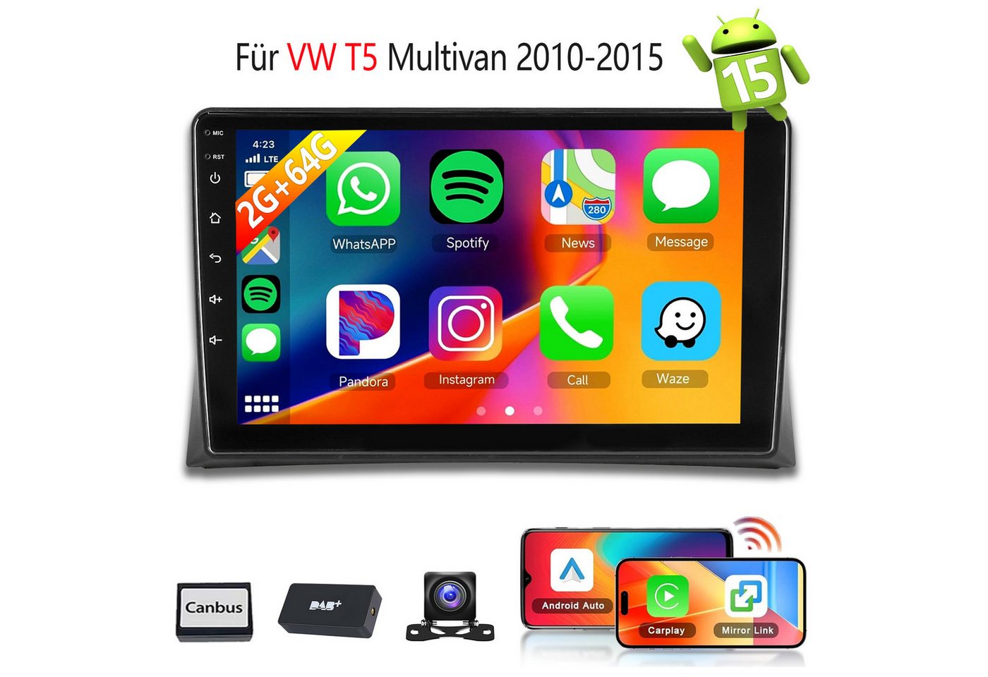 ESSGOO DAB+ Android15 Carplay Autoradio GPS Für VW T5 Multivan 2010-2015 2DIN Autoradio (RDS, 2DIN, 4+64GB(optional), Digitalradio (DAB), FM, AM, Carplay Android Auto Bluetooth EQ USB GPS Navi WIFI Touchscreen)