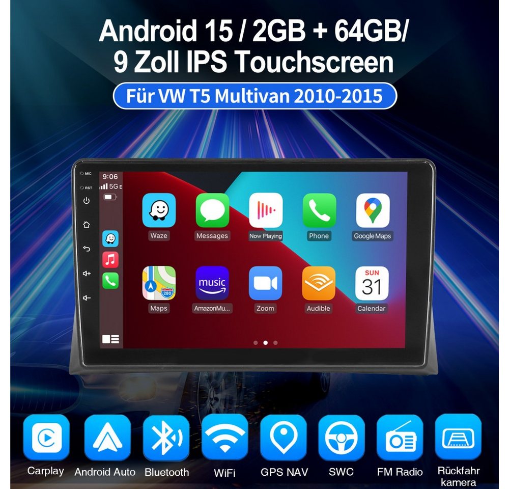 ESSGOO DAB+ Android15 Carplay Autoradio GPS Für VW T5 Multivan 2010-2015 2DIN Autoradio (RDS, 2DIN, 4+64GB(optional), Digitalradio (DAB), FM, AM, Carplay Android Auto Bluetooth EQ USB GPS Navi WIFI Touchscreen) Bild 4