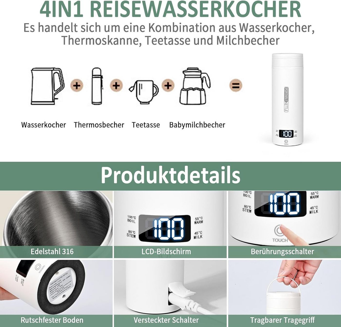 Forrlite Wasserkocher Tragbarer Wasserkocher,Reise-Wasserkocher,Thermobecher,Edelstahl, 300 W, 220V,500ml,Teekanne,Heizbecher,LCD-Temperaturanzeige,Geschenkset Bild 4