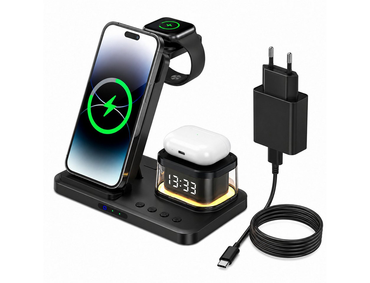 ibettertec 5-in-1 Kabellose Ladestation mit Uhr und Nachtlicht Ladestation (15W Schnellladegerät für iPhone, Apple Watch und AirPods, faltbar, kompatibel mit Samsung Galaxy) Bild 2