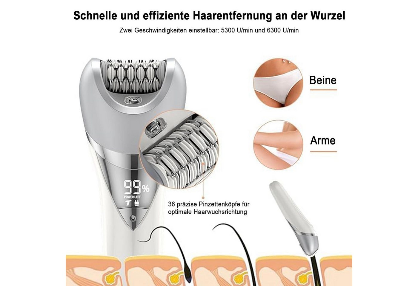 AIMAX Epilierer Epilierer für Damen 7-in-1-Haarentfernungsgerät für Frauen Wasserdicht, Elektrischer Damenrasierer mit Peelingbürste,Reinigungsbürste,Massage, für Gesicht, Beine, Augenbraue, Nasenhaare, Bikini und Achseln IPX6 Bild 5