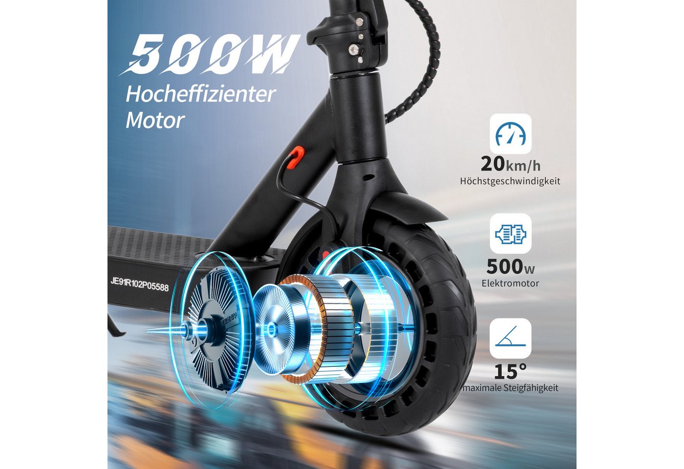ZWHEEL E-Scooter mit Straßenzulassung 10'' Elektroroller, Reichweite 40km, klappbar, 500 W, 20 km/h, (mit Schutzblechen, E-ABS+Scheibenbremse, bis zu 120kg), E-roller, Doppels Bremssystem, Stoßdämpfung, mit APP Bild 5