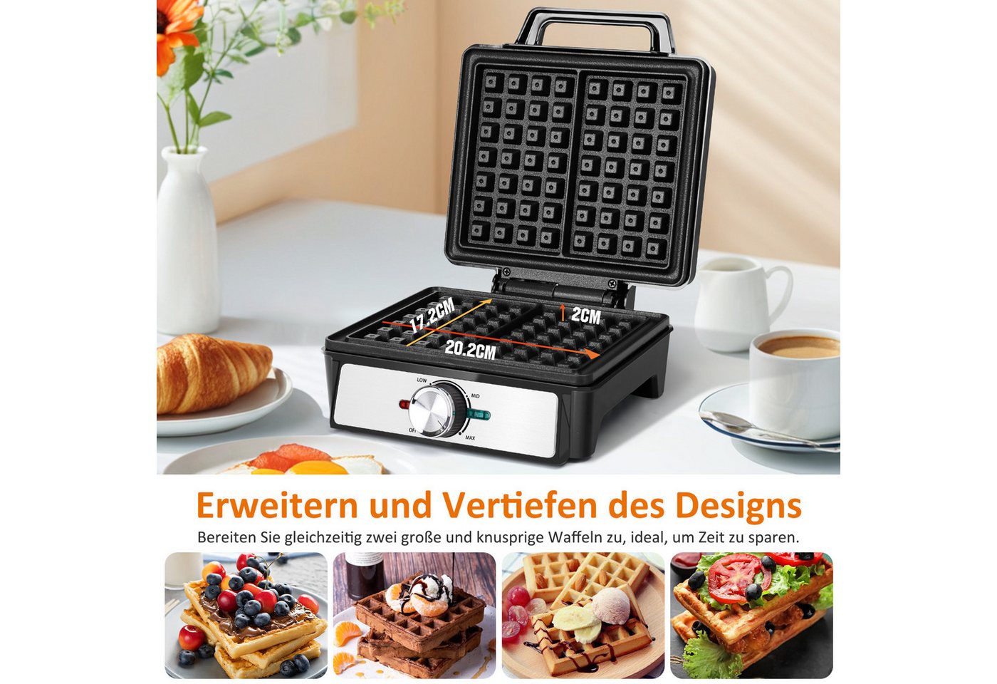 Aigostar Waffeleisen für 2 belgische Waffeln, Waffelautomat mit einstellbarer Temperatur, 1600 W, Waffelautomat mit einstellbarer Temperatur, LED-Anzeige