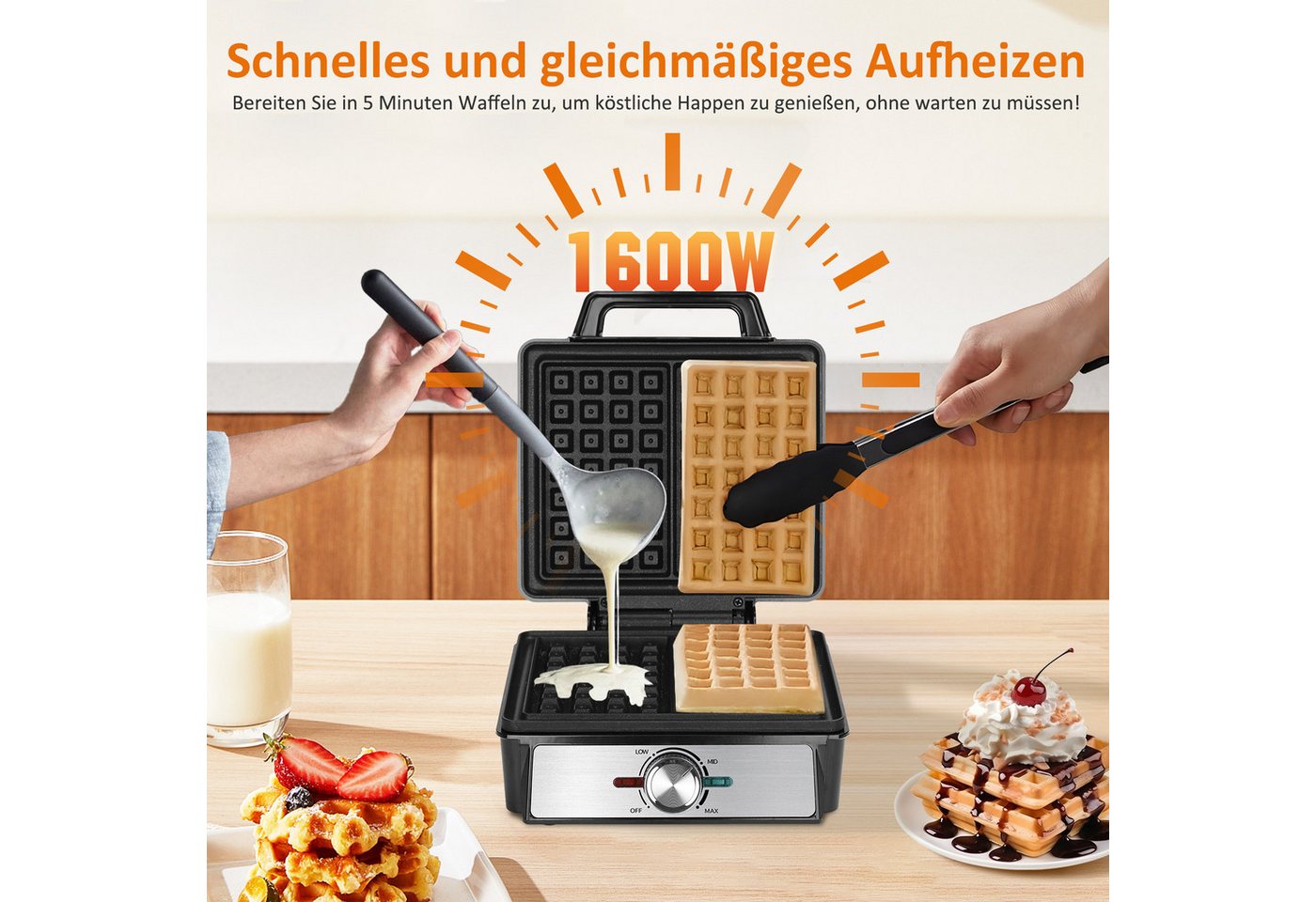 Aigostar Waffeleisen für 2 belgische Waffeln, Waffelautomat mit einstellbarer Temperatur, 1600 W, Waffelautomat mit einstellbarer Temperatur, LED-Anzeige Bild 2