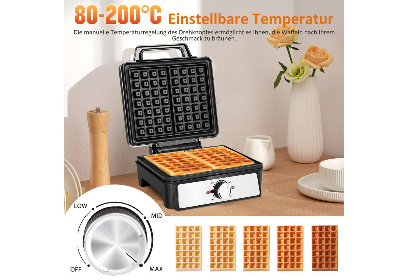 Aigostar Waffeleisen für 2 belgische Waffeln, Waffelautomat mit einstellbarer Temperatur, 1600 W, Waffelautomat mit einstellbarer Temperatur, LED-Anzeige Bild 3
