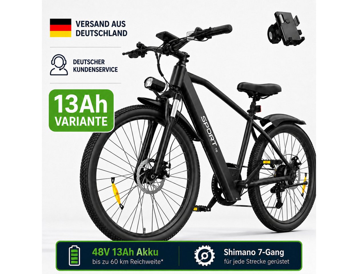 PixelPilot E-Bike Cityrad 26'' Elektrofahrrad 48V 13/8Ah Akku, Shimano 7-Gang, Abnehmbarer Korb, 7 Gang, Nabenmotor, 624 Wh, (Packung) Bild 3