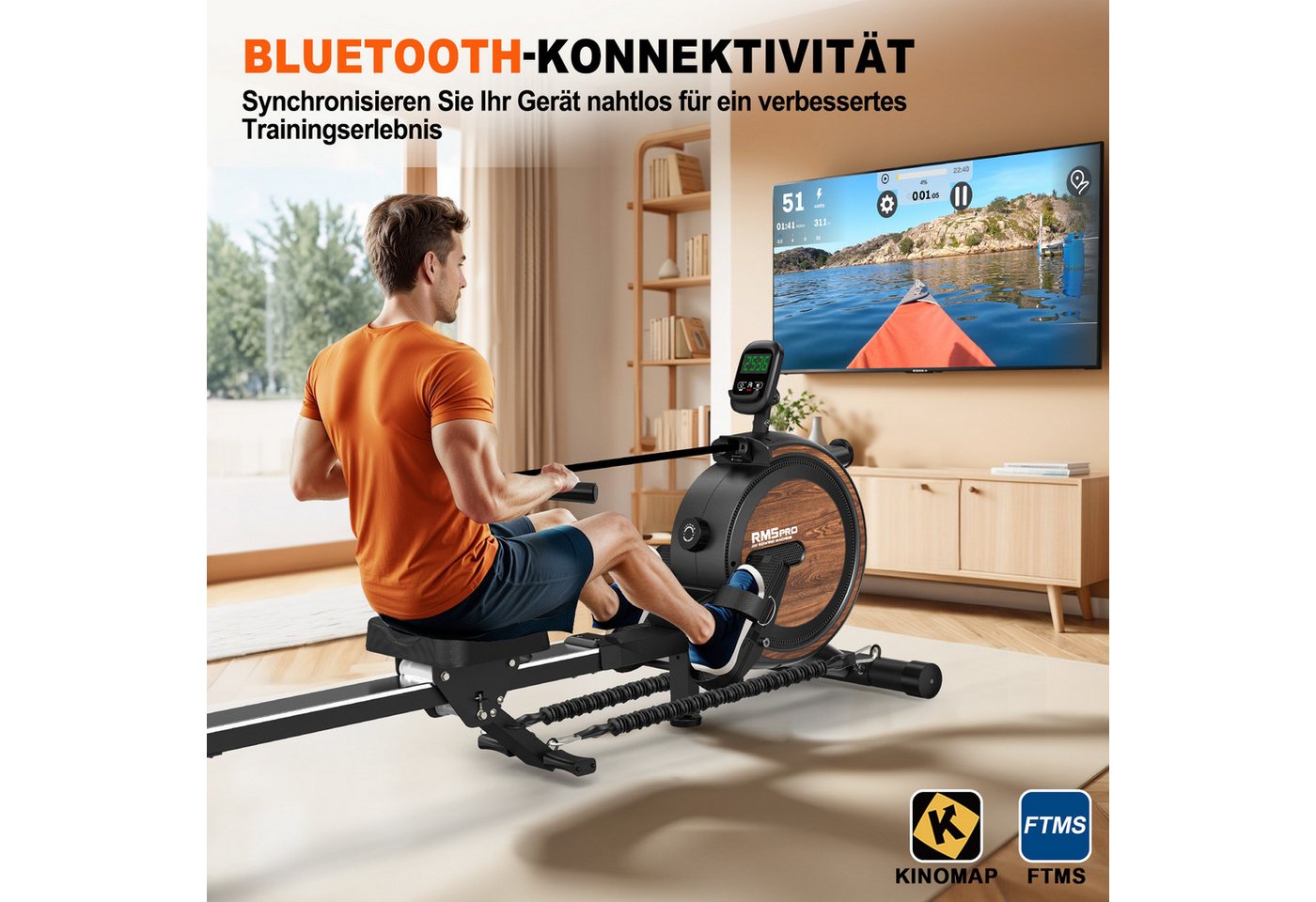 VOWVIT Rudergerät mit Magnetwiderstand und Bluetooth, bis 160 kg belastbar (1-tlg), Heim- & Innenrudergerät mit Tablet-Halterung