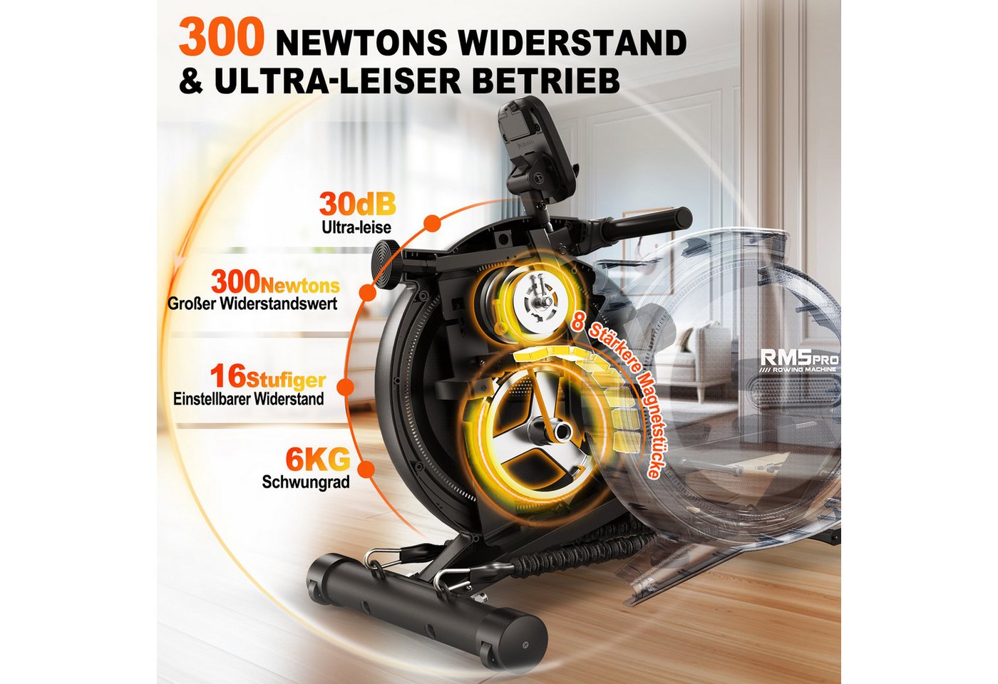 VOWVIT Rudergerät mit Magnetwiderstand und Bluetooth, bis 160 kg belastbar (1-tlg), Heim- & Innenrudergerät mit Tablet-Halterung Bild 4