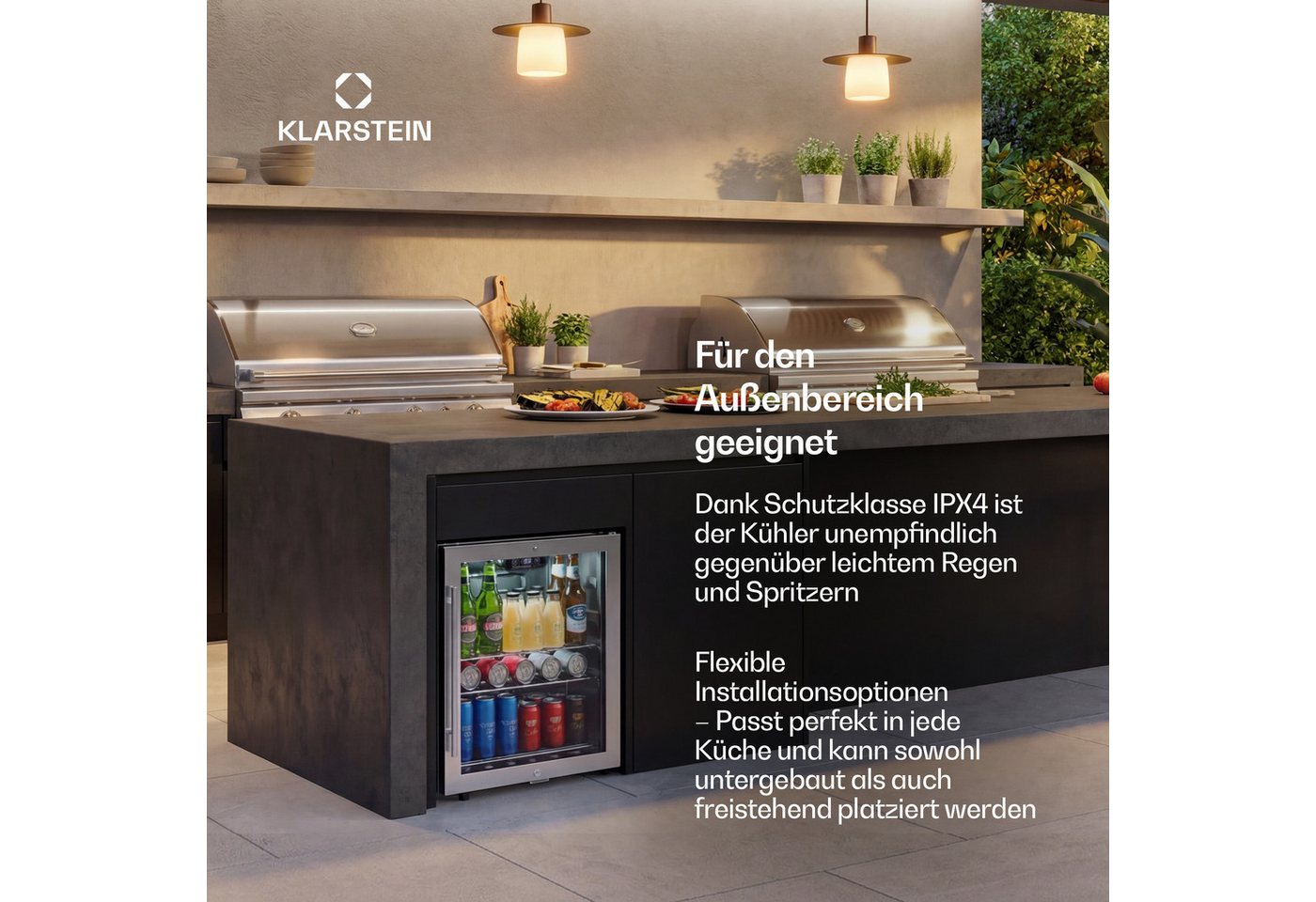Klarstein Getränkekühlschrank LuxeChill Getränkekühl 60L 64x48 0-10°C LED schwarz Outdoor IPX4 10048375, 64 cm hoch, 48 cm breit, Outdoor-Getränkekühler IPX4 60L spritzwassergeschützt freistehend Bild 2