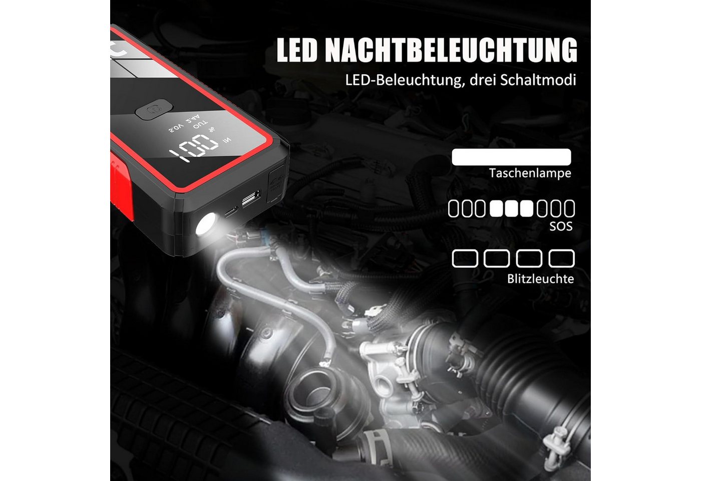 Athlix Starthilfe Powerbank 12V Auto Batterie Booster - Tragbarer Starter PKW Starthilfegerät 10000 mAh (12 V), 2000 A Spitzenstrom, 8-facher Sicherheitsschutz, 3-in-1 LED-Notlicht Bild 2