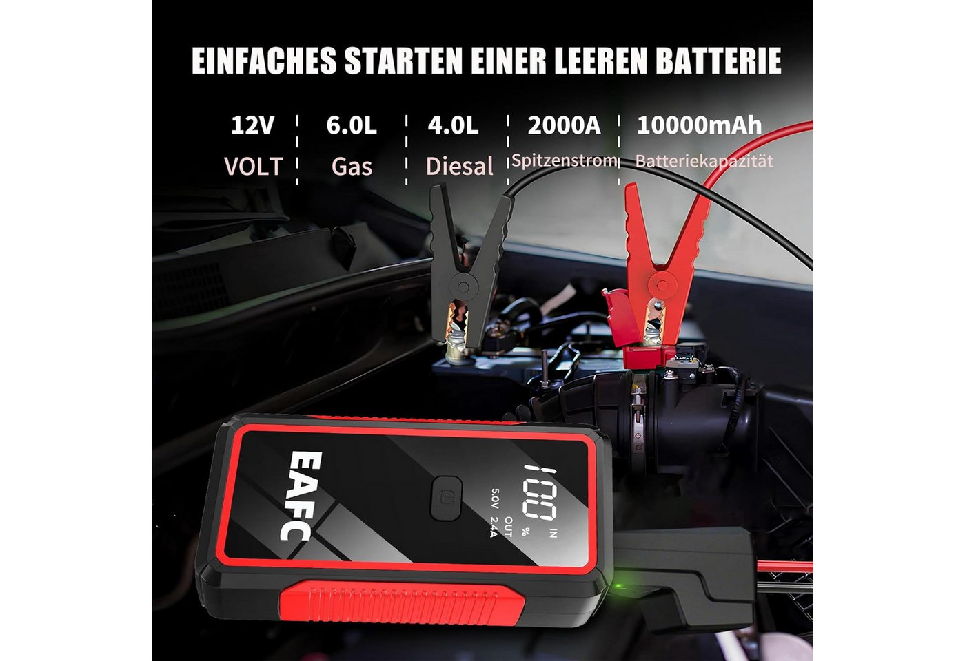 Athlix Starthilfe Powerbank 12V Auto Batterie Booster - Tragbarer Starter PKW Starthilfegerät 10000 mAh (12 V), 2000 A Spitzenstrom, 8-facher Sicherheitsschutz, 3-in-1 LED-Notlicht Bild 3