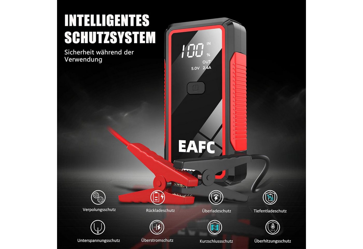Athlix Starthilfe Powerbank 12V Auto Batterie Booster - Tragbarer Starter PKW Starthilfegerät 10000 mAh (12 V), 2000 A Spitzenstrom, 8-facher Sicherheitsschutz, 3-in-1 LED-Notlicht Bild 4