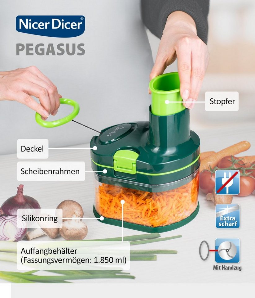 Genius Gemüseschneider Nicer Dicer Pegasus manueller Food Processor Deluxe Set 14-tlg., platzsparende Aufbewahrung und besonders schnelle Reinigung Bild 2