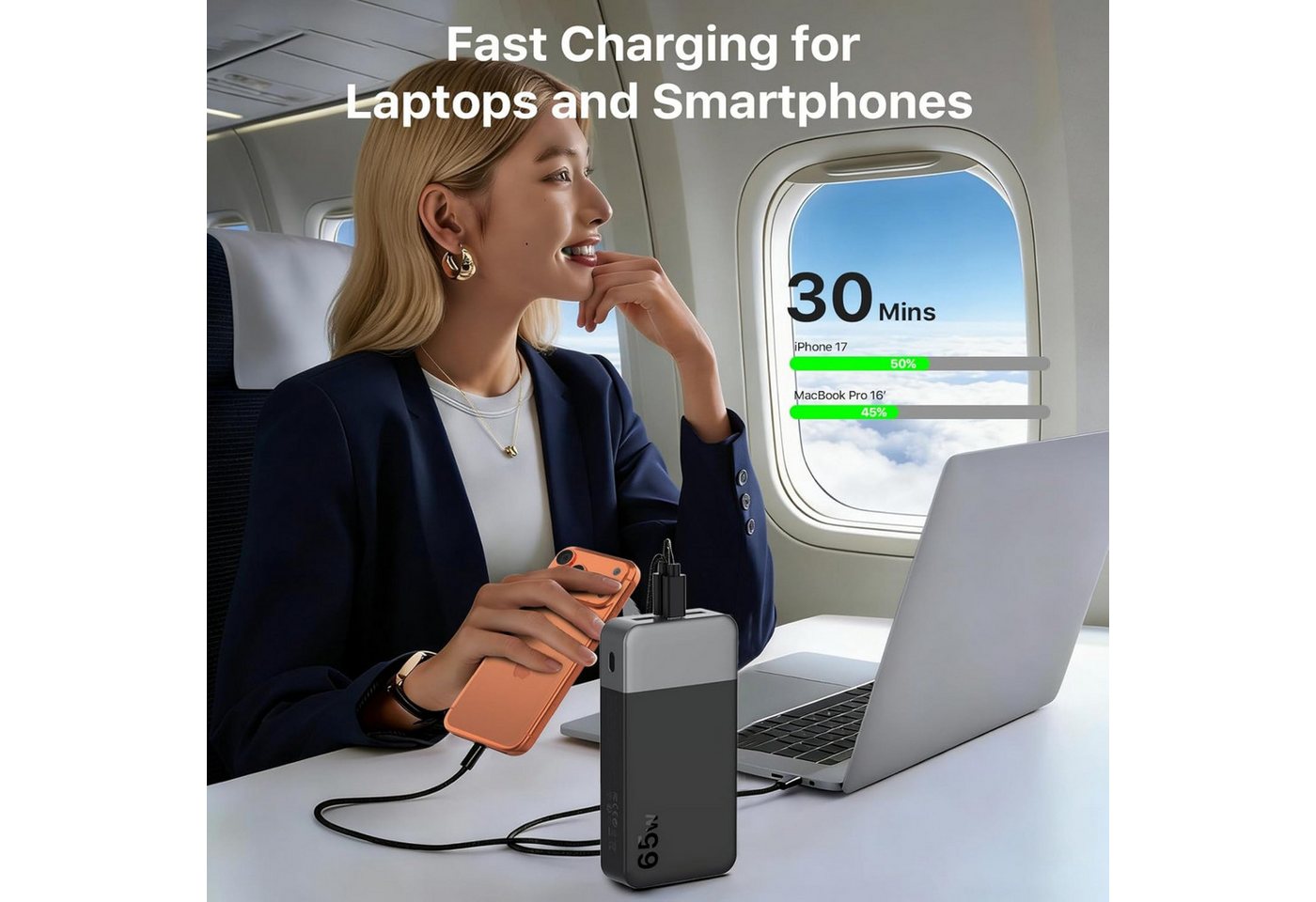 NOBIS Powerbank 20000mAh 65W Schnellladen USB-C/A PD Externer Akku Tragbare Powerbank (5 V), Schnelllade Powerbank, LED Anzeig, für Laptop Smartphone Tablet Reise