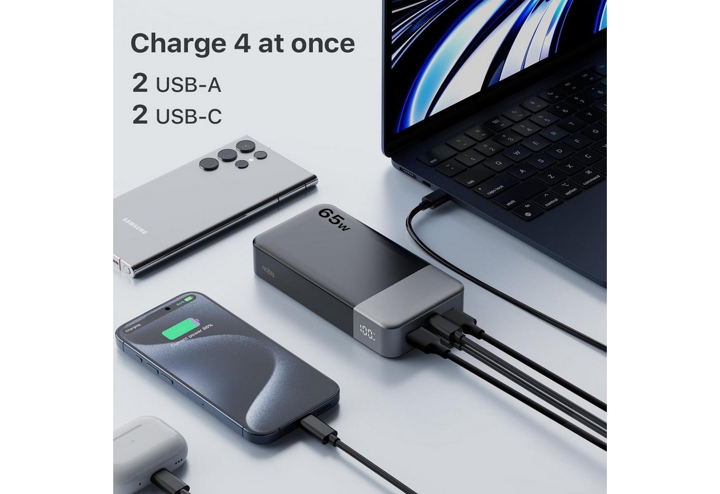 NOBIS Powerbank 20000mAh 65W Schnellladen USB-C/A PD Externer Akku Tragbare Powerbank (5 V), Schnelllade Powerbank, LED Anzeig, für Laptop Smartphone Tablet Reise Bild 5