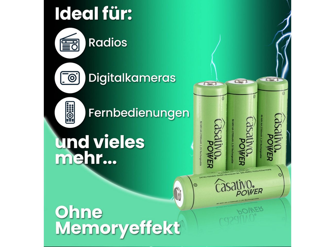 Casativo NiMH AA Akkus 2700mAh Premium Mignon 1.2V 1000x ladbar mit Case Akku Mignon, 2700mAh/1.2V/NiMH AA Mignon/Inkl. Box/1000x ladbar/Umweltfreundlich Bild 2