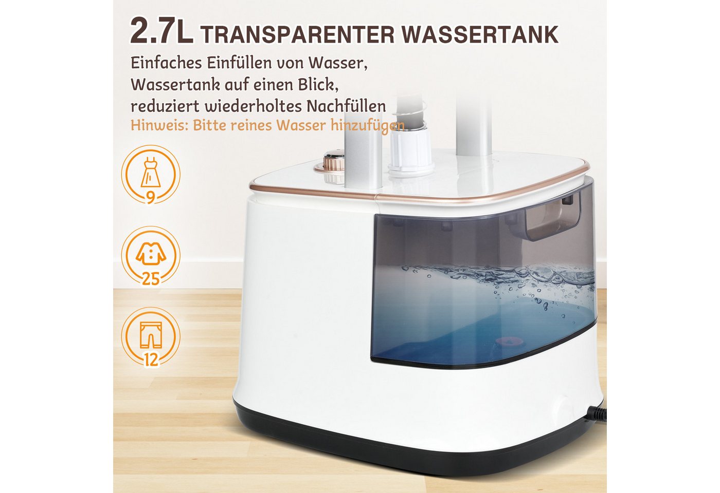 Rebonique Dampfglätter 2-in-1 Kleiderdampfer mit 2,7L Wassertank 10 Dampfstufen Dampfglätter, 2000 W, 30s Schnelles Aufheizen, Vertikaldampf & Horizontalbügeln