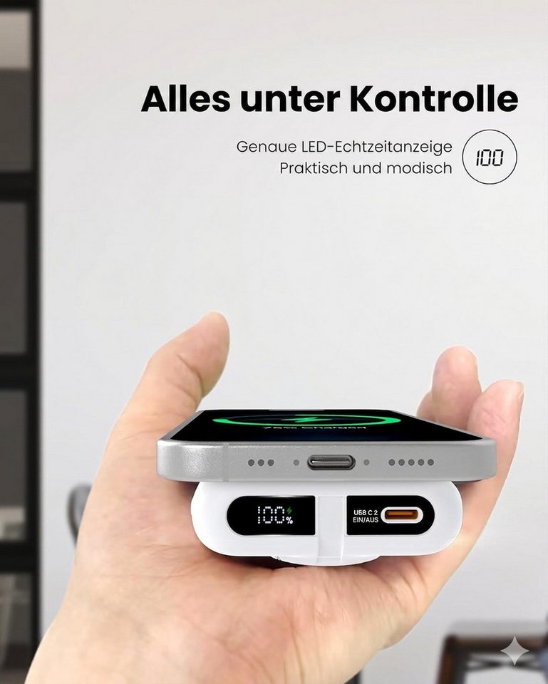 Galeces Magnetische Powerbank 10000mAh für iPhone Apple Watch USB-C PD20W Powerbank AE01 10000 mAh (5 V), Kompakter MagSafe-kompatibler Li-Ion Spezialakku mit LED-Display Bild 4