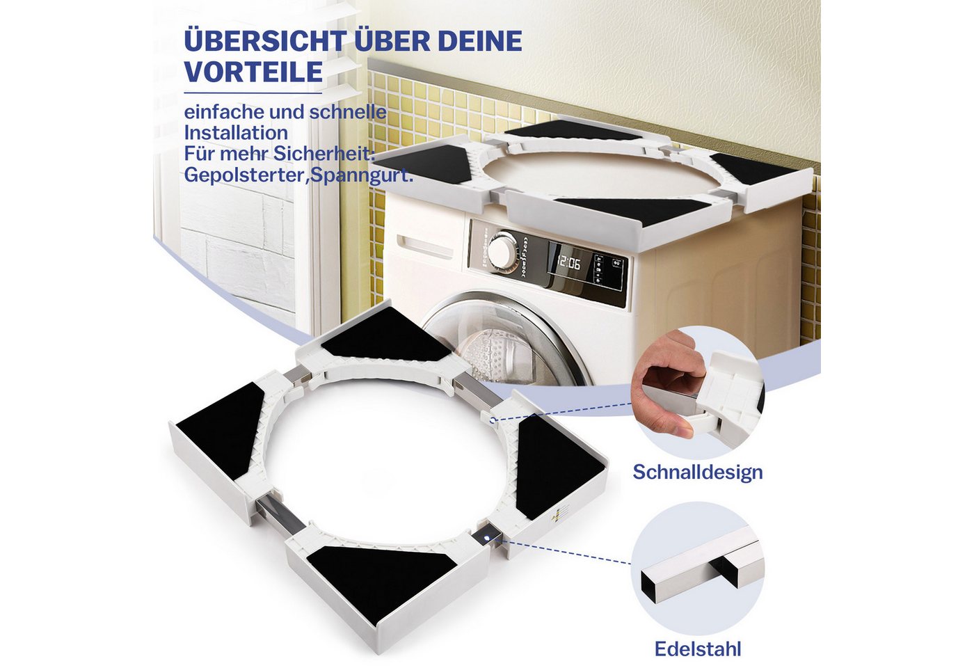 XIIW Zwischenbaurahmen Verbindungsrahmen für Waschmaschine Trockner 46-66cm Zwischenbaurahmen (Universal Verstellbar Größ Stapelbar Stapelbausatz), Baurahmen mit Ratschenseil für Waschküche Bild 5
