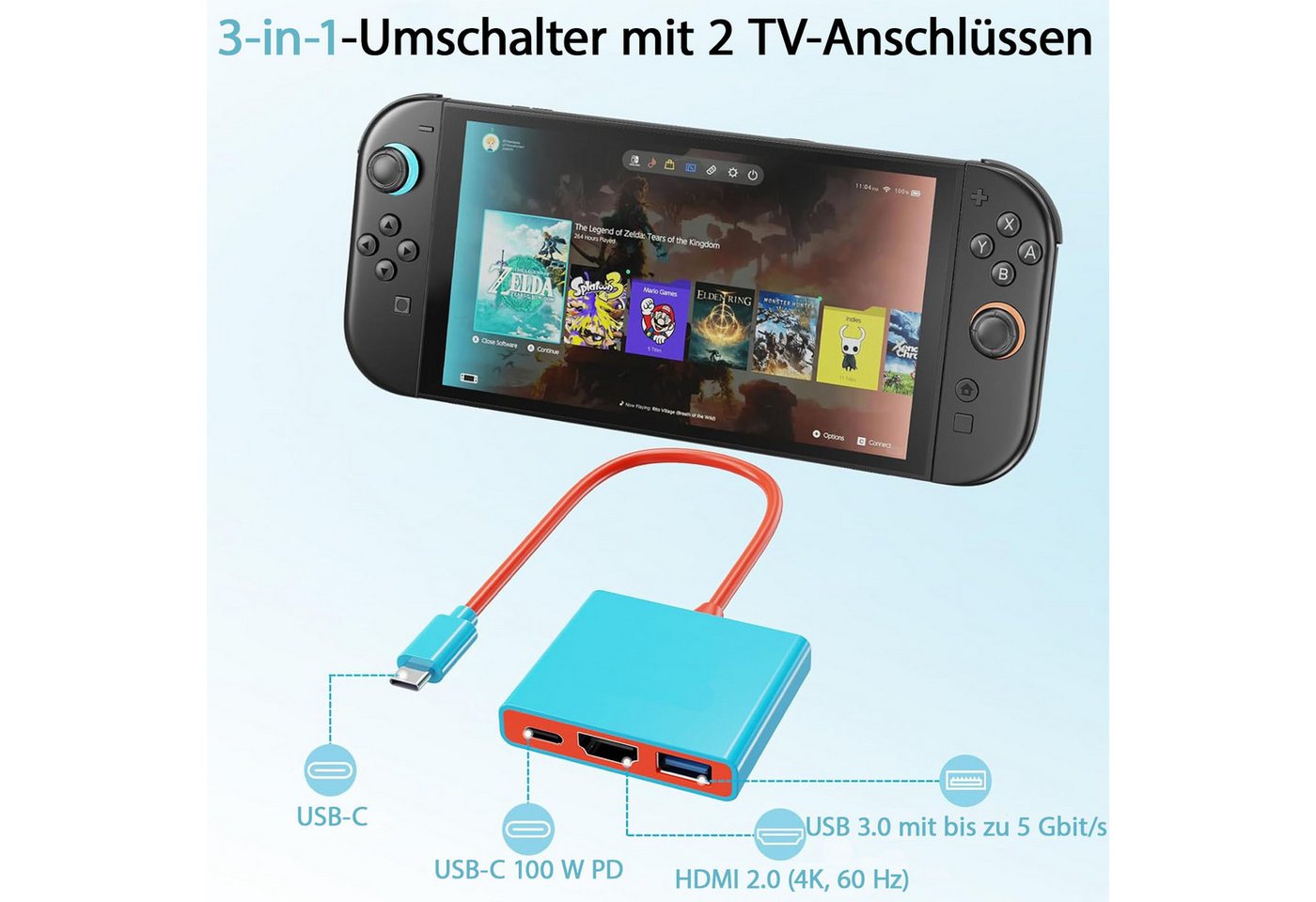 AFKSMILE Dockingstation für Nintendo Switch 2, tragbarer 3-in-1-Ladeständer Akku-Ladestation (Tragbarer HDMI-Adapter mit 4K-HDMI-/USB-3.0-/PD-100-W-Anschlüssen)