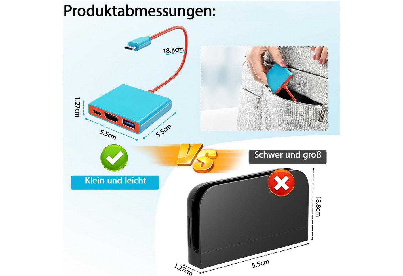 AFKSMILE Dockingstation für Nintendo Switch 2, tragbarer 3-in-1-Ladeständer Akku-Ladestation (Tragbarer HDMI-Adapter mit 4K-HDMI-/USB-3.0-/PD-100-W-Anschlüssen) Bild 2