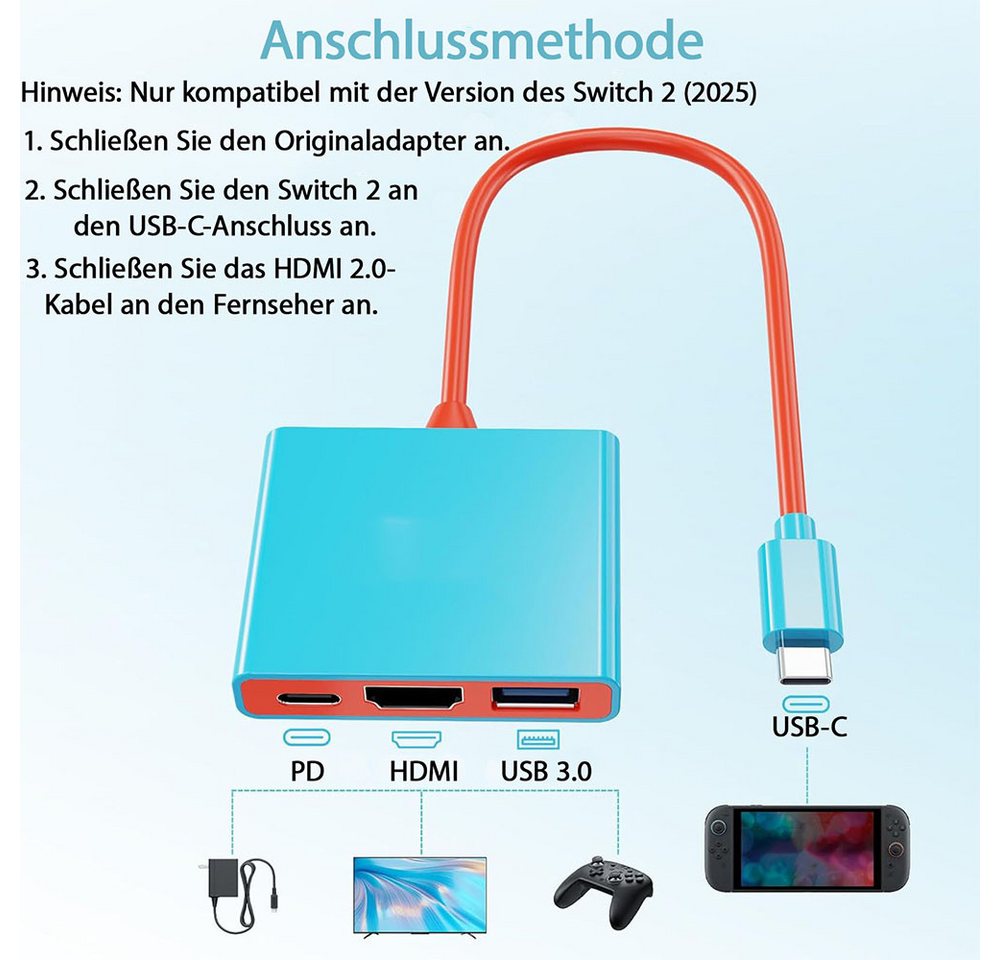 AFKSMILE Dockingstation für Nintendo Switch 2, tragbarer 3-in-1-Ladeständer Akku-Ladestation (Tragbarer HDMI-Adapter mit 4K-HDMI-/USB-3.0-/PD-100-W-Anschlüssen) Bild 3