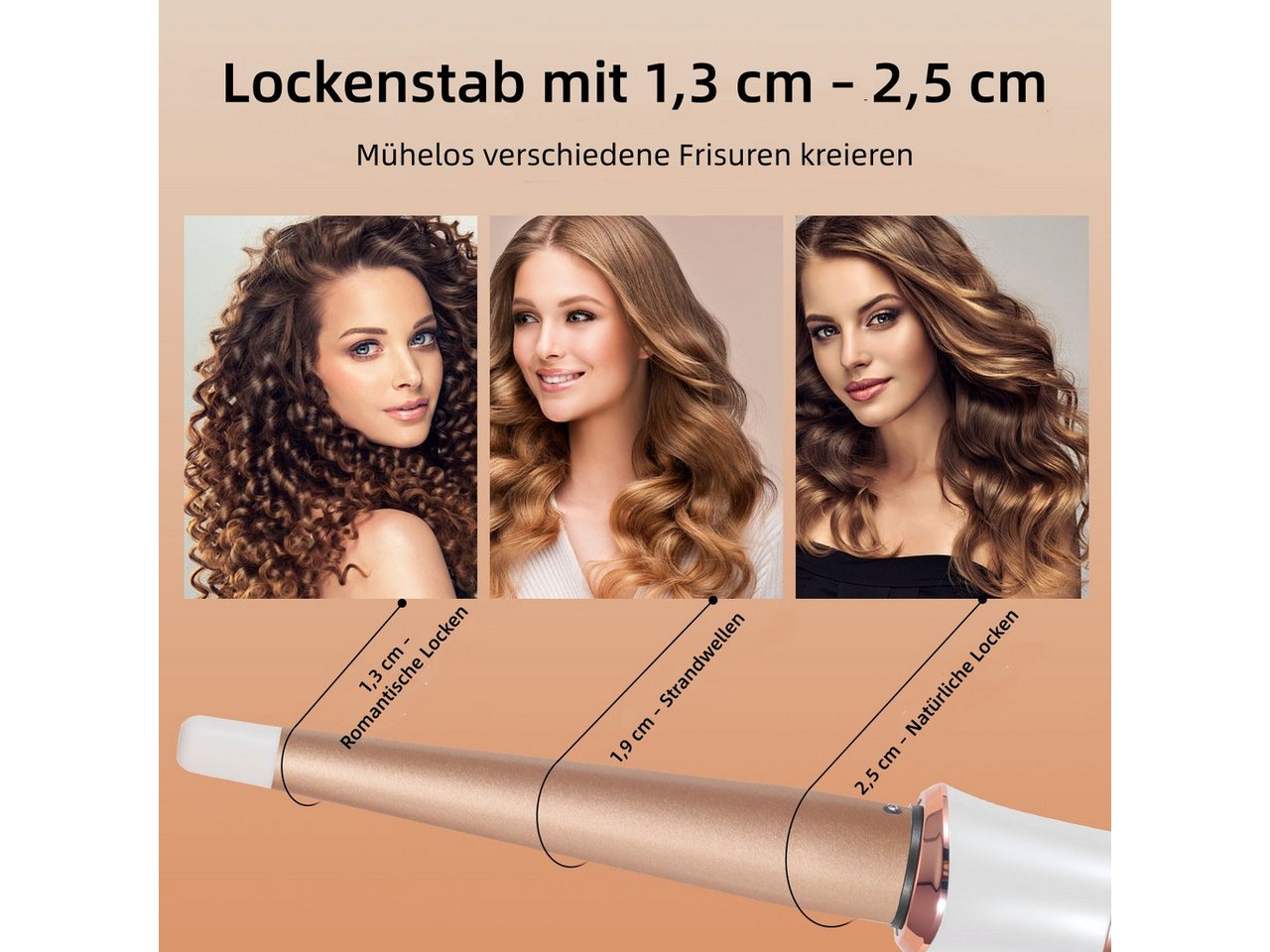 HATTEKER Lockenstab HT-106, Keramik-Turmalin-Beschichtung, Kegelförmiger Lockenstab, 13–25 mm, 80–230 °C