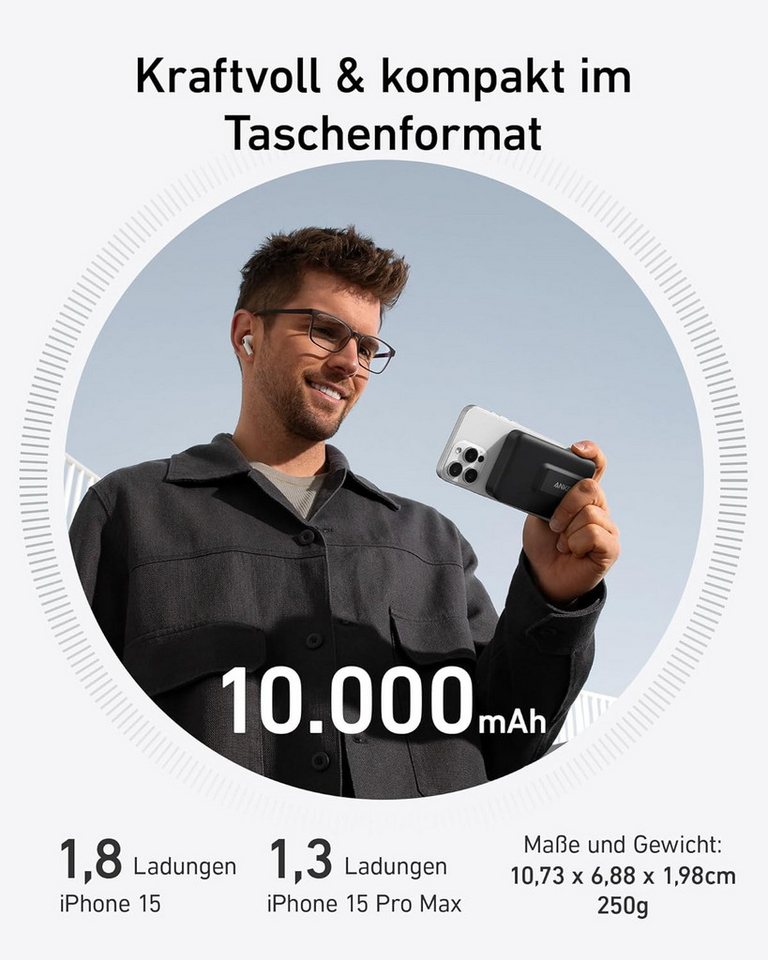 Anker Anker MagGo Powerbank, Smartes Display&klappbarer Ständer, 10.000mAh Powerbank Qi2-zertifiziertes 15W schnelles MagSafe-kompatibles mobiles Ladegerät, 10000 mAh (5 V), Für iPhone 17/16/15/14/13/12, Inkl. USB-C Kabel Bild 2