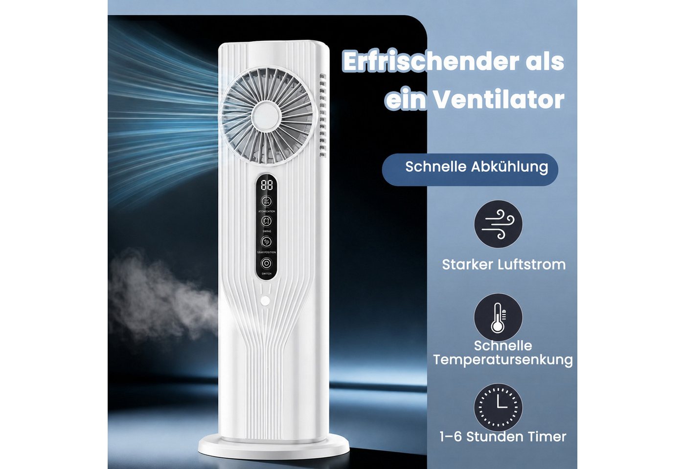 MOPUEA Standventilator Mini Ventilator USB Tischventilator Umluftventilator Mit Sprühnebel, mit Kühlspray LED Display 6 Windstufen Ventilator