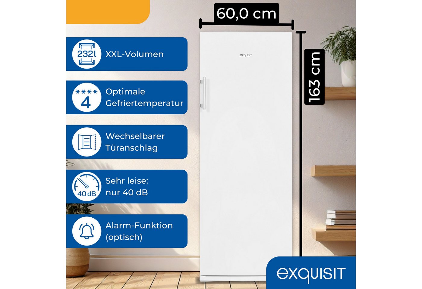 exquisit Gefrierschrank GS527-H-280E weiss, 163 cm hoch, 60 cm breit, Gefrierschrank mit Geräumigen Gefrierschubladen, inkl. BigBox Bild 2