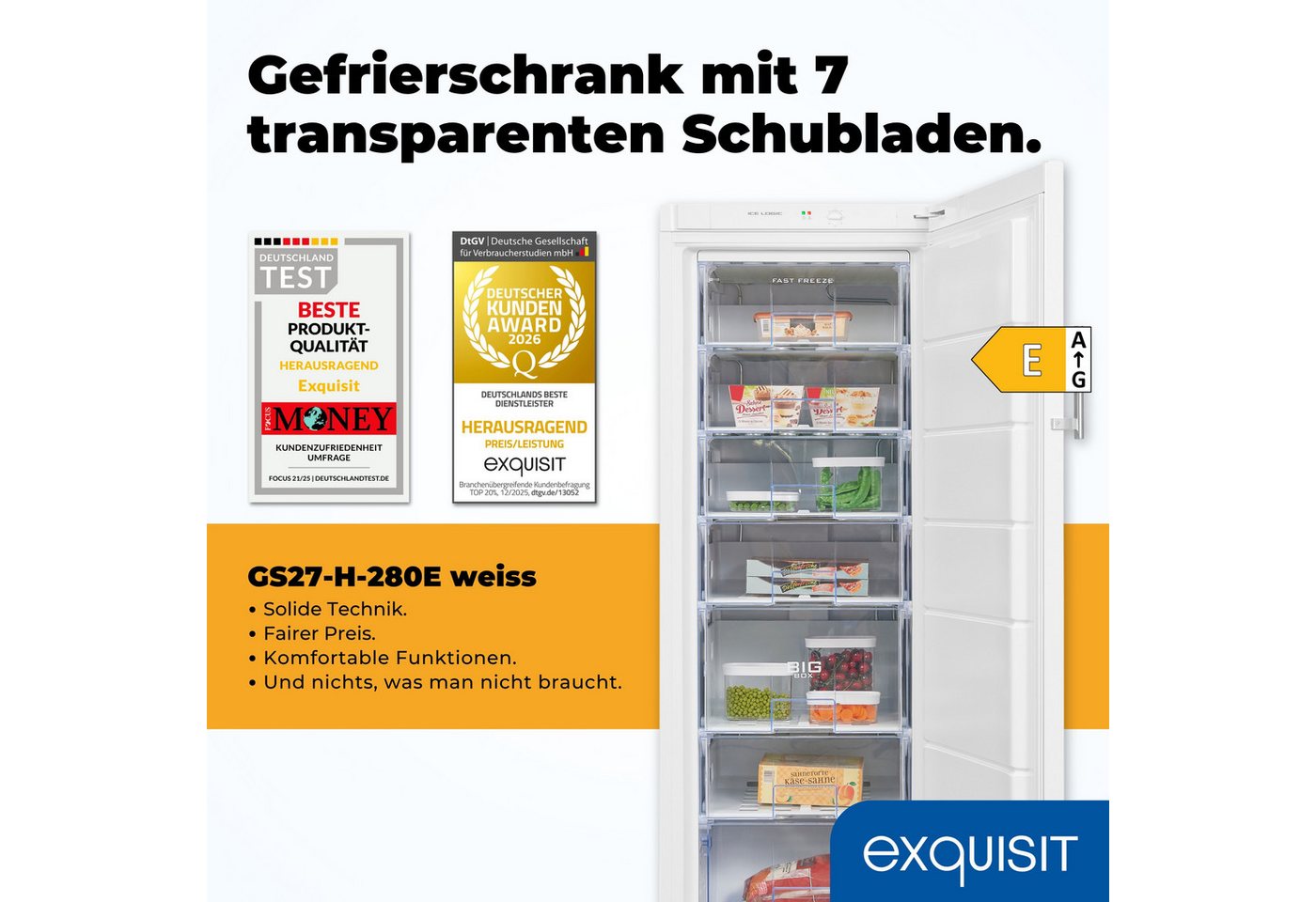 exquisit Gefrierschrank GS527-H-280E weiss, 163 cm hoch, 60 cm breit, Gefrierschrank mit Geräumigen Gefrierschubladen, inkl. BigBox Bild 5