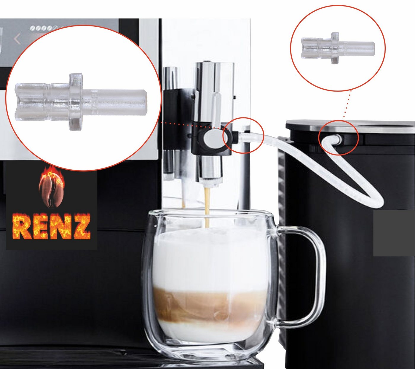 RENZ Milchschlauch Schlauch 3 Stück und 6 Stück Anschlussnippel, Zubehör für Jura Kaffeevollautomaten Z5 Z6 Z7 Z8 Z9 Z10 X5 J9 E8 S8 WE8 Cool-Control GIGA Impressa Isoliermilchbehälter Milchbehälter, Milchschlauch, Adapter transparent, Verbinder für Aufschäumdüsen Bild 5