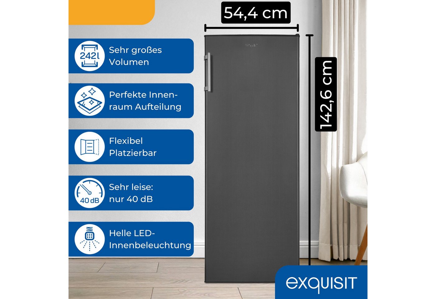 exquisit Vollraumkühlschrank KS320-V-H-040E, 142.6 cm hoch, 54.4 cm breit, XL-Kühlschrank mit reichlich Platz für Ihr Kühlgut Bild 2