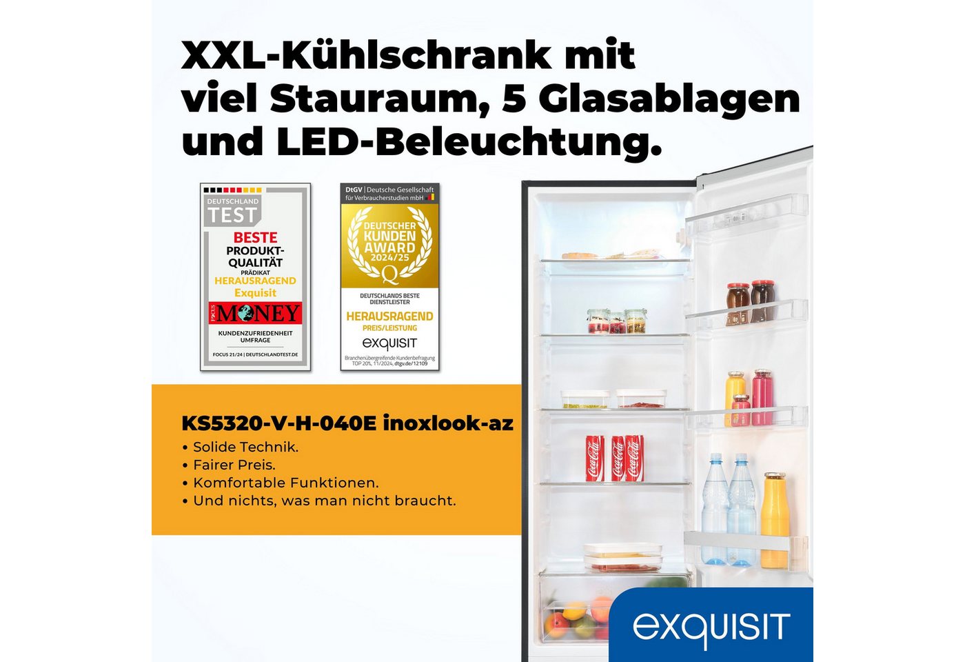exquisit Vollraumkühlschrank KS320-V-H-040E, 142.6 cm hoch, 54.4 cm breit, XL-Kühlschrank mit reichlich Platz für Ihr Kühlgut Bild 4