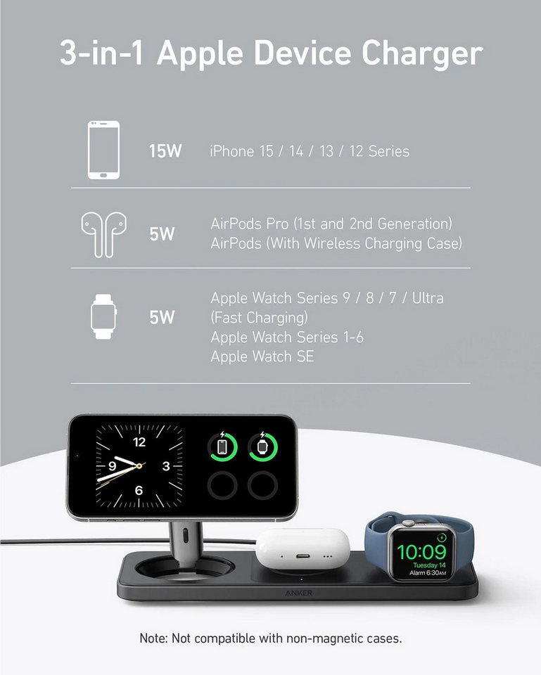 Anker MagGo 3-in-1-Pad Smartphone-Ladegerät (Ladestation, kompatibel mit Apple, Kabelloses Aufladen, 15 W)